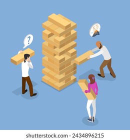 3D Isometric Flat Vector Illustration of Paying Jenga Game, Having Fun with Friends