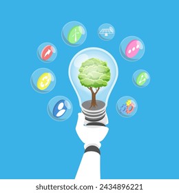 3D Isometric Flat Vector Illustration of Robot Hand Holding Lightbulb, Environmental Technologies