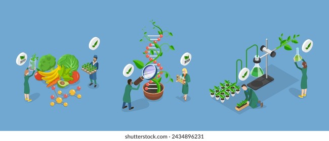 Ilustración vectorial plana isométrica 3D de la ciencia en la agricultura, desarrollo de nuevos productos alimenticios