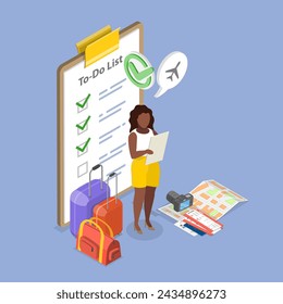 3D Isometric Flat Vector Illustration of Packing List, Travel Checklist