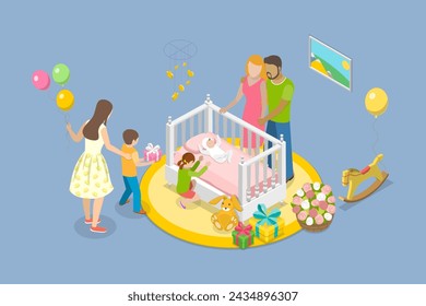3D Isometric Flat Vector Illustration of Infant Birth, Happy Parenting