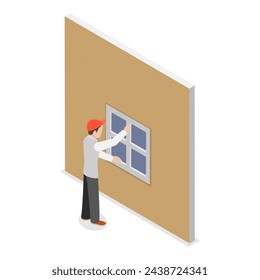 3D Isometric Flat Vector Illustration of Windows Installing, Building Construction Industry. Item 1