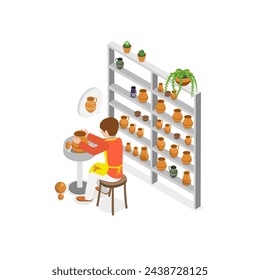 3D Isometric Flat Vector Illustration of Pottery Making, Ceramic Craft Master. Item 1
