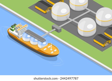 3D Isometrische flache Vektor-Illustration des LNG-Trägerschiffs, Öl- und Gastransportes