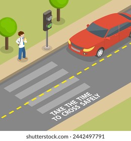 3D Isometric Flat Vector Illustration of Pedestrian Safety, Crossing a Road