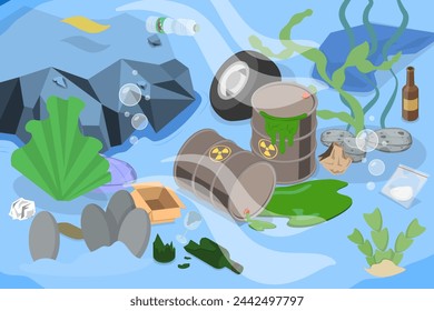 3D Isometric Flat Vector Illustration of Dirty Underwater Landscape , Ocean Pollution Impact on Ecosystem