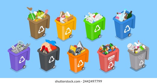 Ilustración vectorial plana isométrica 3D de la gestión de residuos, clasificación de basura