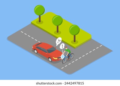 3D Isometric Flat Vector Illustration of Cycling Road Accident, Collision with a Car
