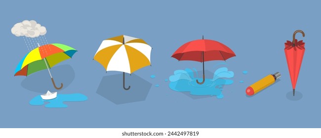 3D Isometric Flat Vector Illustration of Umbrella Collection, Rain Pprotection Parasols