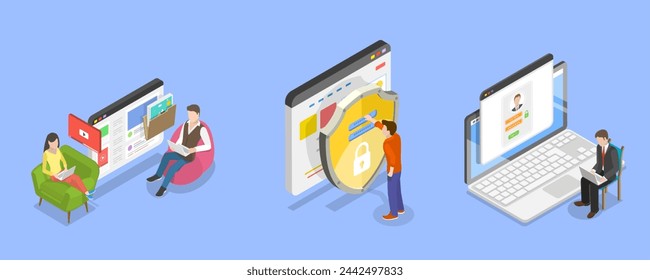 Ilustración vectorial plana isométrica 3D de servicios en la nube, ciberseguridad y protección de datos personales