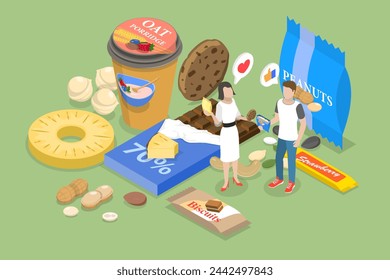 3D Isometric Flat Vector Illustration of Healthy Food, Preservative Free Organic Snacks