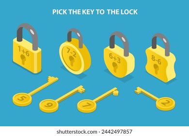 3D Isometric Flat Vector Illustration of Pick The Key To The Lock, Matching Children Educational Game