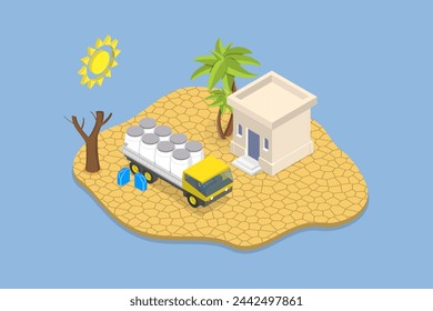3D Isometric Flat Vector Illustration of Global Earth Climate Problem, Car With Water Aid