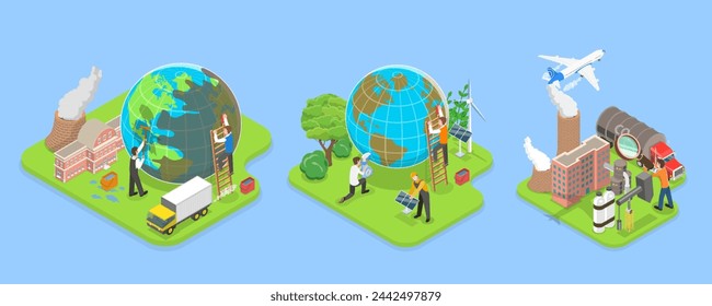 3D Isometric Flat Vector Illustration of Carbon Footprint Reduction , Net Zero Emissions and Carbon Dioxide Neutral Balance