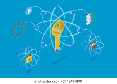 Ilustración vectorial plana isométrica 3D de criptografía cuántica, tecnologías avanzadas para la seguridad de datos