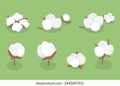 3D Isometric Flat Vector Illustration of Cotton Flower Collection, Pure and Organic Product