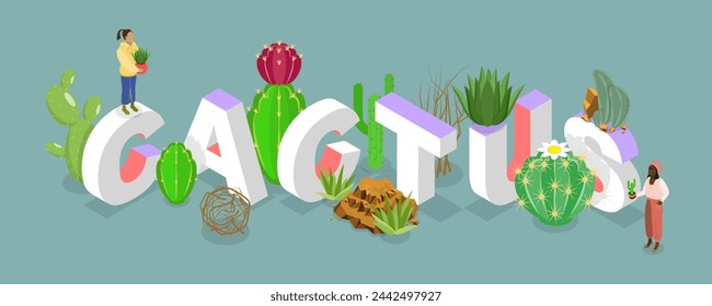 3D Isometric Flat Vector Illustration of Cactus Word Composition, Desert Plants