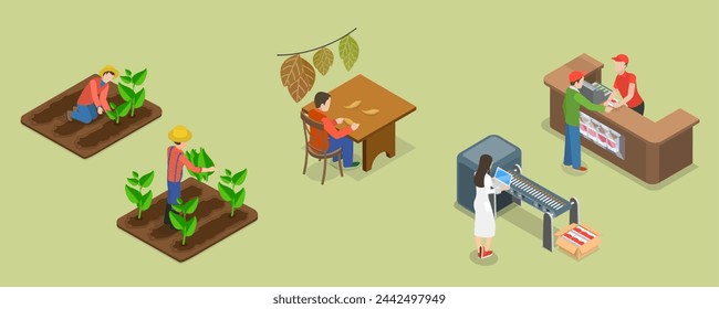 3D Isometric Flat Vector Illustration of Tobacco Industry, Cigarette Production