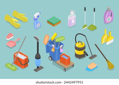 3D Isometric Flat Vector Illustration of Cleaning Items, Domestic Housekeeping Products