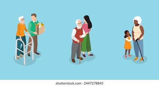 3D Isometric Flat Vector Illustration of Elderly People, Senior Care, Volunteering