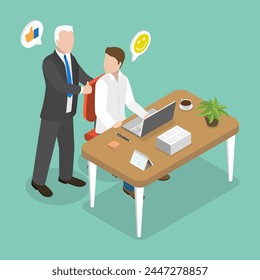 3D Isometric Flat Vector Illustration of Happy Employer, Employee Recognition