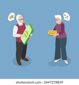 Ilustración vectorial plana isométrica 3D de la desigualdad social entre pensionados, problemas financieros, pobreza o quiebra después de la jubilación