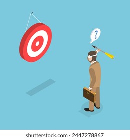 3D Isometric Flat Vector Illustration of Unclear Goal, Blindfold Businessman Aiming a Target