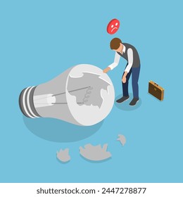 3D Isometric Flat Vector Illustration of Business Failure, Cracked Lightbulb