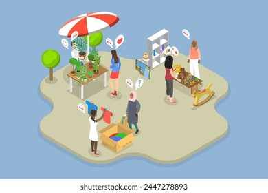 3D Isometric Flat Vector Illustration of Flea Market, Garage Sale in a Park