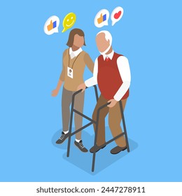 3D Isometric Flat Vector Illustration of Social Worker, Taking Care About Seniors People