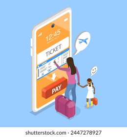 3D Isometric Flat Vector Illustration of Online Booking Flight Tickets, Summer Vacation and Air Trip