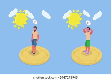 3D Isometric Flat Vector Illustration of UV Radiation Damage, Skin Sunburns