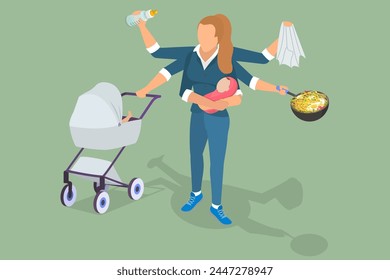 3D Isometric Flat Vector Illustration of Multitasking Mother, Busy Mom with a Bunch of Tasks