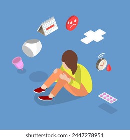 3D Isometric Flat Vector Illustration of PMS , Female Having Period Pain