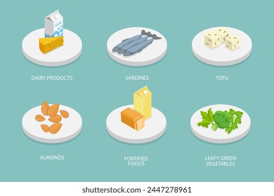 3D Isometric Flat Vector Illustration of Sources Of Calcium, Healthy Lifestyle