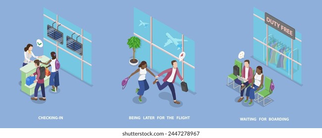 3D Isometric Flat Vector Illustration of Traveling By Plane, Holiday Trip