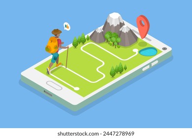 3D Isometric Flat Vector Illustration of Mountain Tourism, Hiking Trail