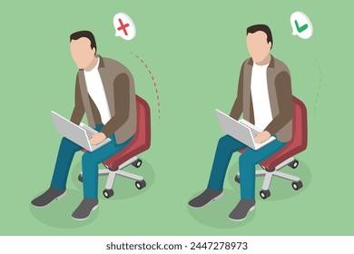 3D Isometric Flat Vector Illustration of Ergonomic Position While Using a Device, Correct and Incorrect Posture