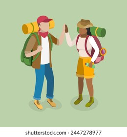 3D Isometric Flat Vector Illustration of Hiking Tourist Couple, Outdoors Adventure, Travel and Tourism
