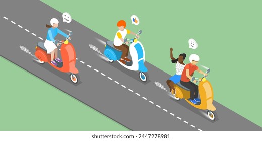 3D Isometric Flat Vector Illustration of Riding On Motorbikes, Riding a Scooter