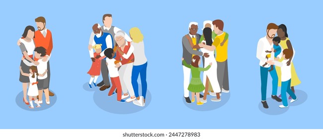 3D Isometric Flat Vector Illustration of Family Hug , Love and Trust between Generations