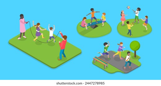 3D Isometric Flat Vector Illustration of Children Playing Outside, Active Healthy Childhood