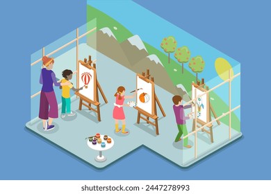 3D Isometric Flat Vector Illustration of Painting Courses In School, Art Creation Process