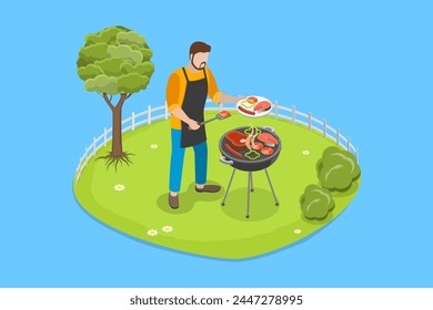 Ilustración vectorial plana isométrica 3D de actividades al aire libre, carne a la parrilla y verduras