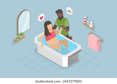 3D Isometric Flat Vector Illustration of Childbirth, Giving Birth at Home