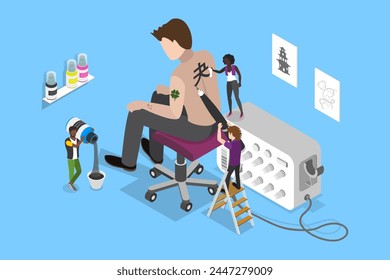 3D Isometric Flat Vector Illustration of Studio Tatto, Professional Artist at Work