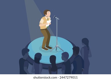 3D Isometric Flat Vector Illustration of Fear Of Public Speaking, Anxious Worried Speaker