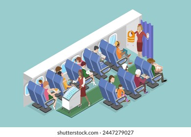 3D-isometrische flache Vektorillustration der Flugzeug-Economy-Class, Passagier- und Personal-Inside-Jet