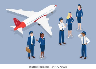 3D Isometric Flat Vector Illustration of Airplane Crew, Aircraft Staff