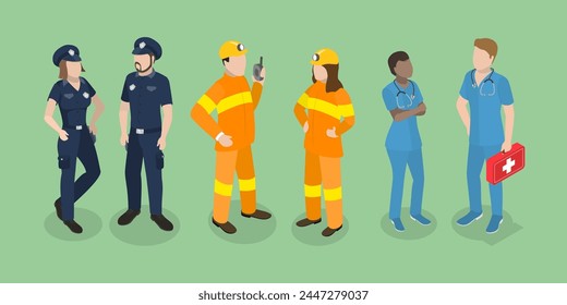 3D Isometric Flat Vector Illustration of Emergency Services, Paramedic, Firefighter and Policeman